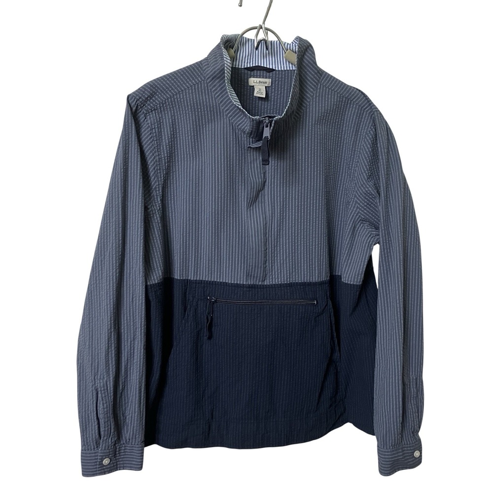 L.L. Bean Vacationland Seersucker‎ Anorak Womens M Blue Stripe 1/2 Zip